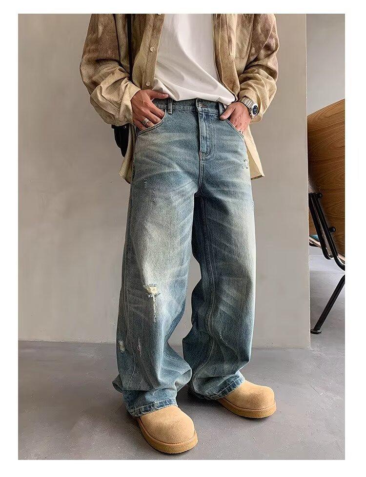 Men's Washed Distressed Wide-Leg Jeans - Retro American Street Style, Floor-Length, Perfect for Spring and Autumn