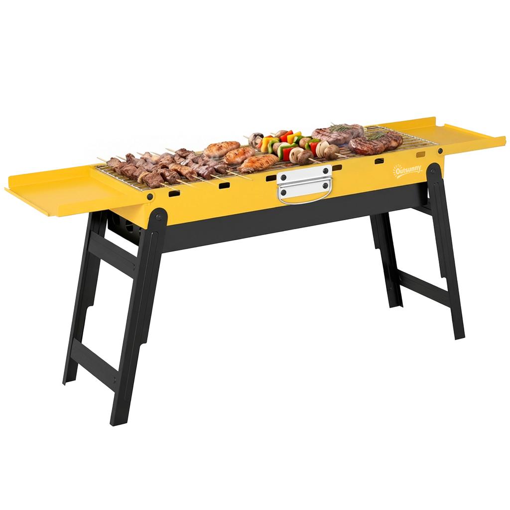 Portable BBQ Grill, Foldable Charcoal Grill for Camping and Picnics with 2 Side Shelves and Handle, Yellow