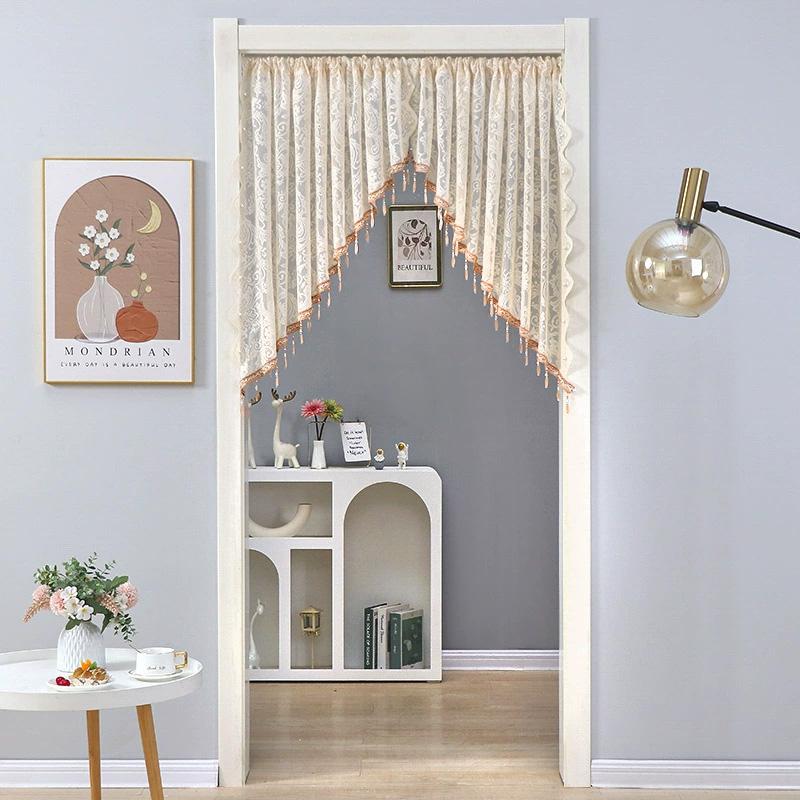 2 Stück/Set Dreieckiges Design Heimdeko Klarer Tüll Französische Vintage Spitze Türvorhang Ganzjährig Halbvorhang mit Perlen