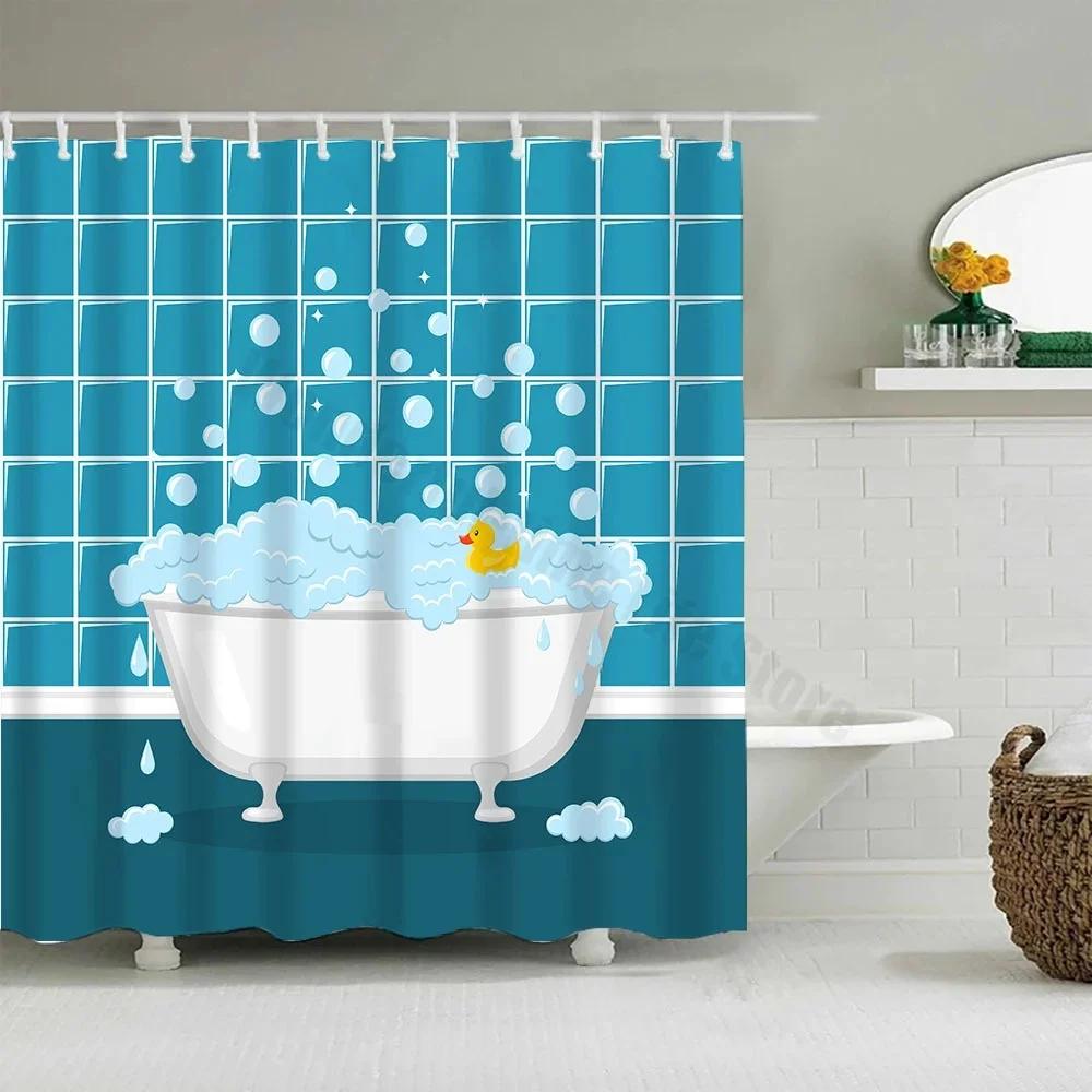 Cute Little Yellow Duck Shower Curtain Cartoon Funny Smiley Face Bathroom Waterproof Bath Duck Fabric 12 Hooks Bathroom Decor