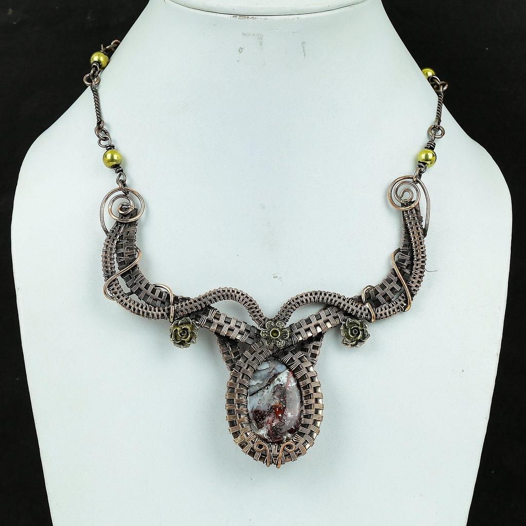 Crazy Lace Agate Handmade Gemstone Necklace, 999 Copper Wire Wrapped Necklace Antique Jewelry, For Engagement Gift
