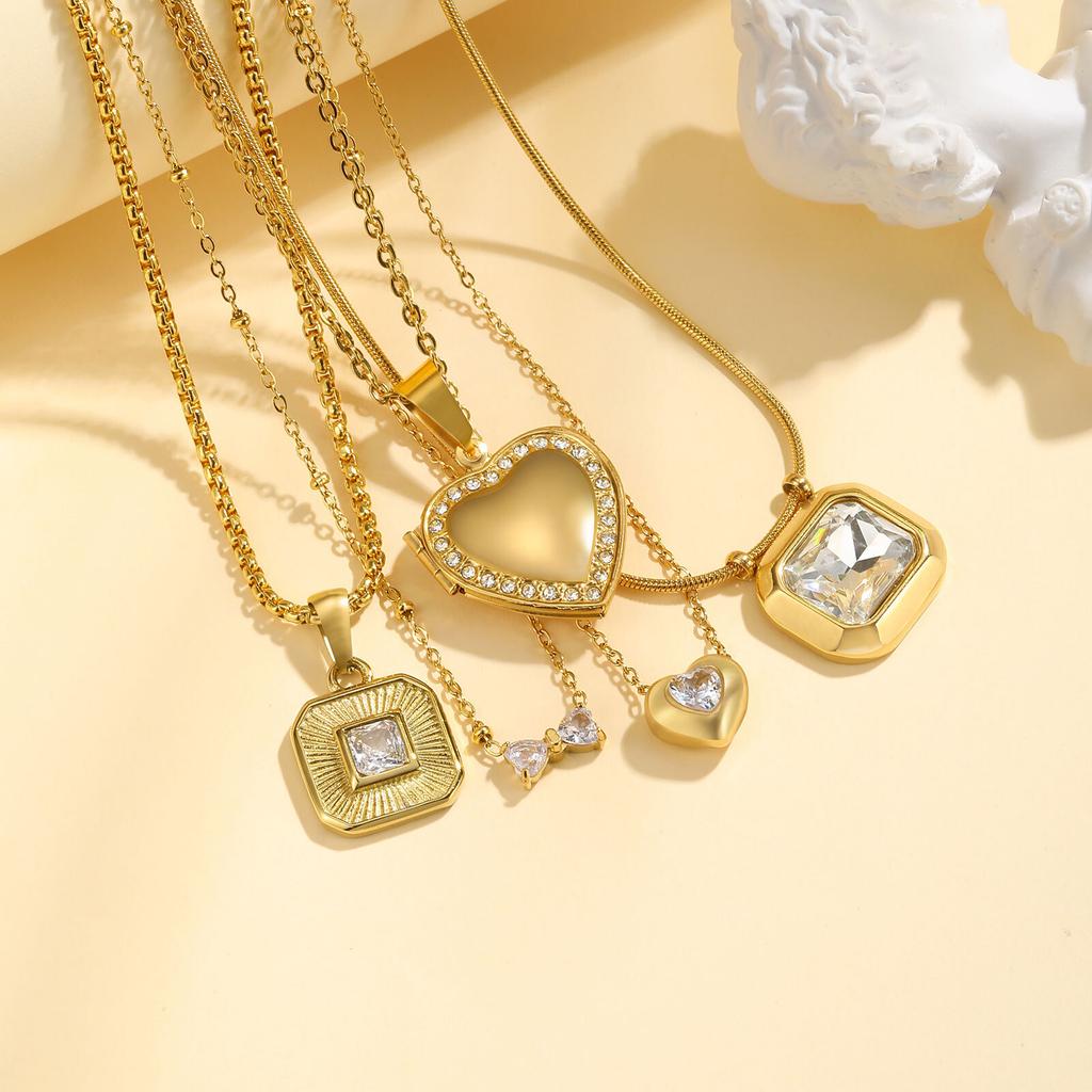 Cubic Zirconia Pendant Necklace for Women, Stainless Steel Chain Trendy Jewelry, Square Heart CZ Stone Boho Jewelry