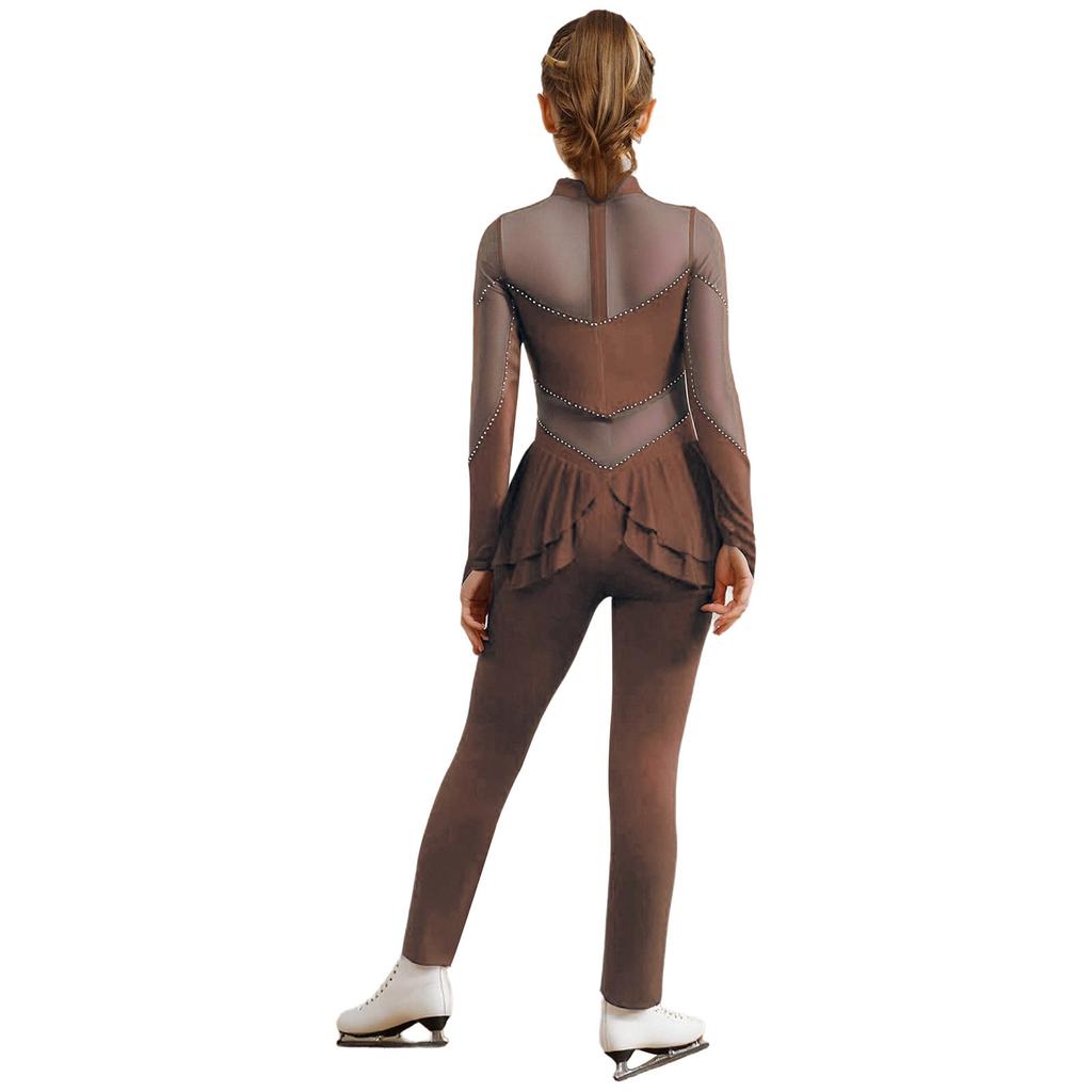 Girls Figure Skating Jumpsuit Mock Neck Long Sleeve Sheer Mesh Patchwork Shiny Rhinestones Bodysuit