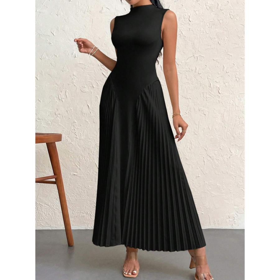 Summer New Style Pleated Patchwork Long Dress Elegant Sleeveless Slim Fit Evening Gown Party Dress