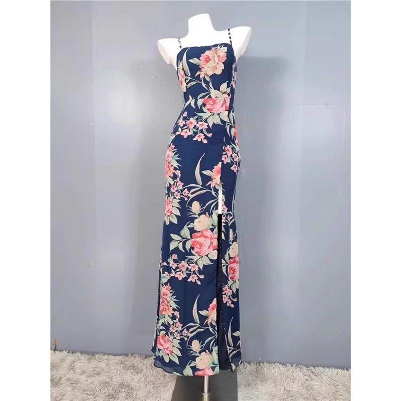 Foreign Trade Lu's Exquisite Print Square Collar Niche Design Open Collarbone Sling Backless Sexy Vacation Beautiful Dress