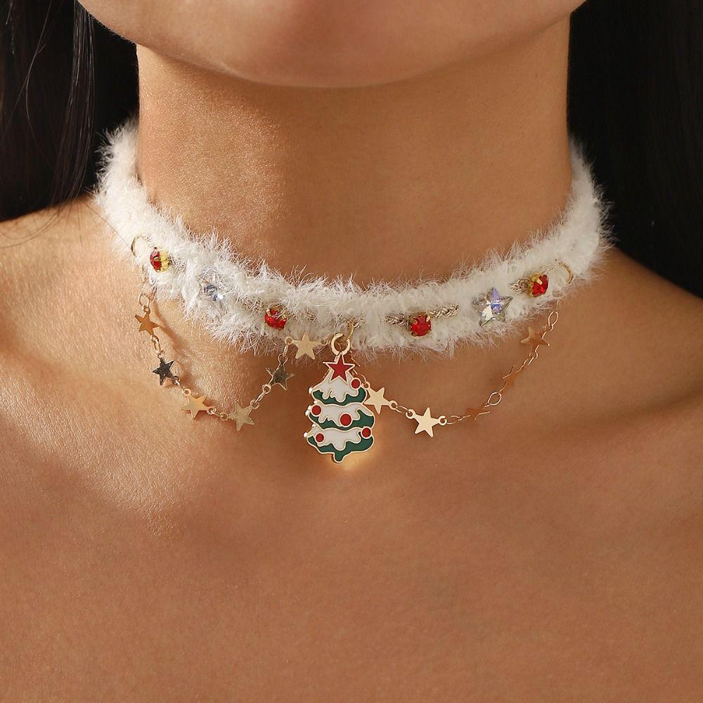 Sweet Bow Pendant Necklace Christmas Tree Xmas Clavicle Chain Christmas Plush Choker Girls
