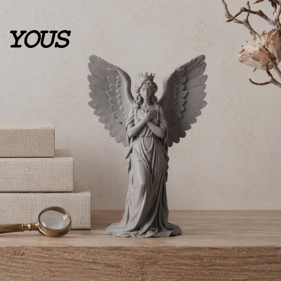Retro Angel Sculpture 3D Printed Crown Figurine, Vintage Guardian Angle Statue, Healing Statue Artistic Winged Women for Home Tabletop Decoration