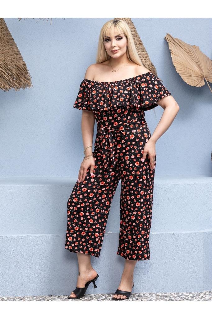 Women's Style Big Size Overalls Plus Size Gathered Madonna Collar Belted Flexible Viscose Jumpsuit