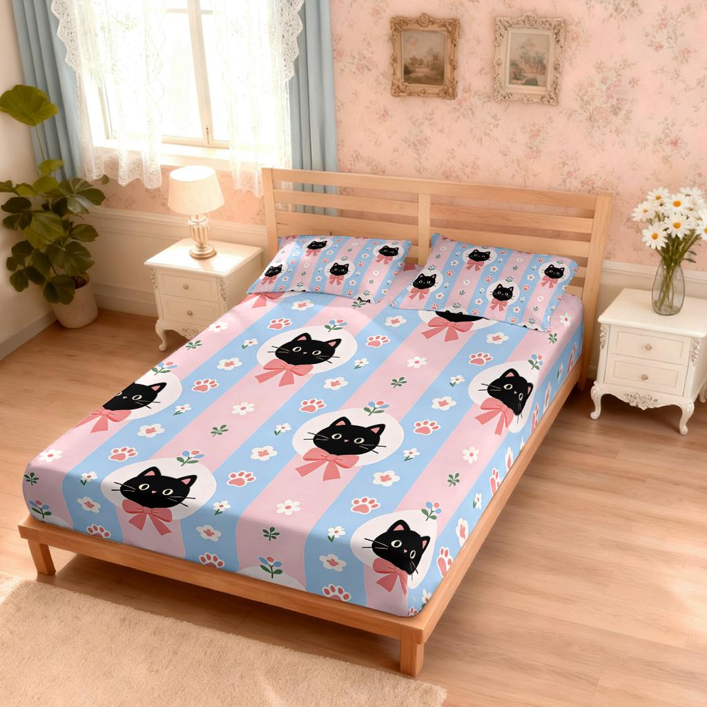 3pcs Cartoon Cute Cat Printed Chipless Bed Sheet Set Multi Size Soft Bed Cover Bedroom Bedding Decoration