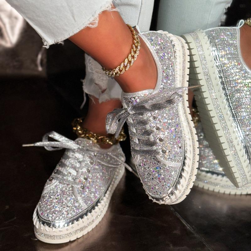 Spring and summer hand-sewn casual single shoes women's new diamond-encrusted platform fashion sequined muffin lace-up women's shoes