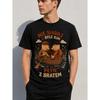 Men's Black Short-sleeve T-shirt with Round Neck, Soft Cotton Feel, Featuring Cartoon Bears In Boat Graphic and Polish Text, Casual Daily Wear for
