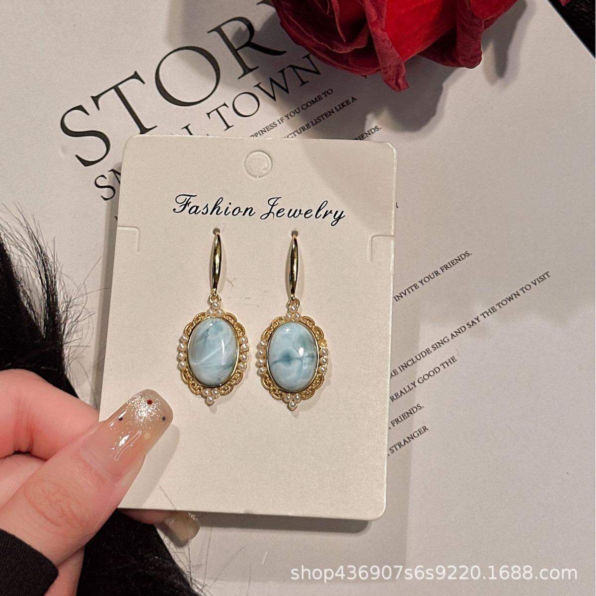 

Natural sea pattern stone sterling silver s925 earrings women s exquisite versatile temperament fashion French retro earrings 925 silver