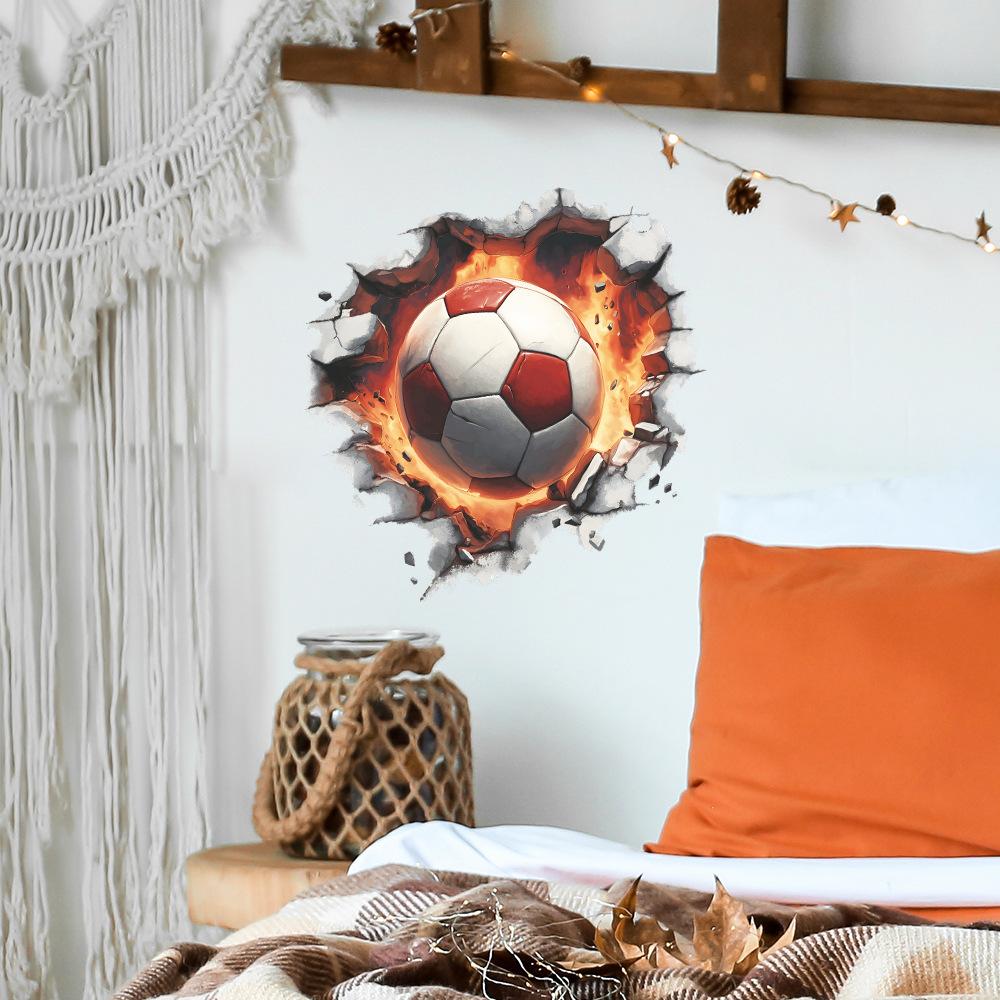 Flaming Soccer Ball Breaking Through Wall Sticker for Game Room Boys Bedroom Creative Removable Decal