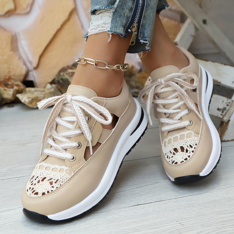 Fashion Fashion Hollow Out Lace Thick Bottom Chunky Sneaker Women 2025 Summer Wedge Heel Lace Up Sneaker Comfortable Casual Shoes Women
