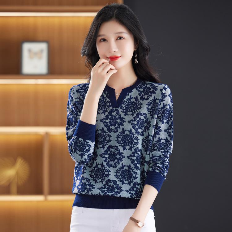 

Fashion Foreign Style Short-sleeved T-shirt Women s Thin Autumn Clothing Fashion Temperament Jacquard Half-sleeved Knitted Sweater M темно-синий