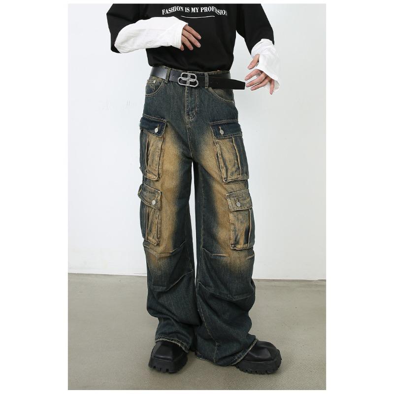 Vintage Overalls Men's Jeans High Street Loose Straight Multi Pockets Wide Leg Pants Straight Loose Jeans for Men Fashionable and Comfortable Pants