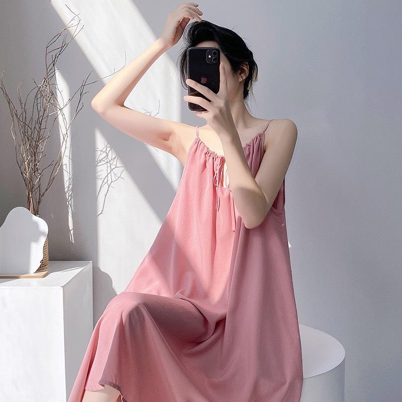 Suspender nightgown women's summer sexy long can wear cotton silk pajamas spring and autumn thin high-end loungewear