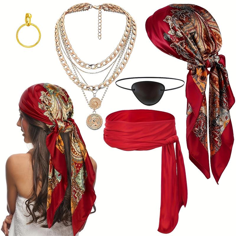 Halloween Cosplay Pirate Accessory Set: Headscarf, Belt, Necklace, Bracelet
