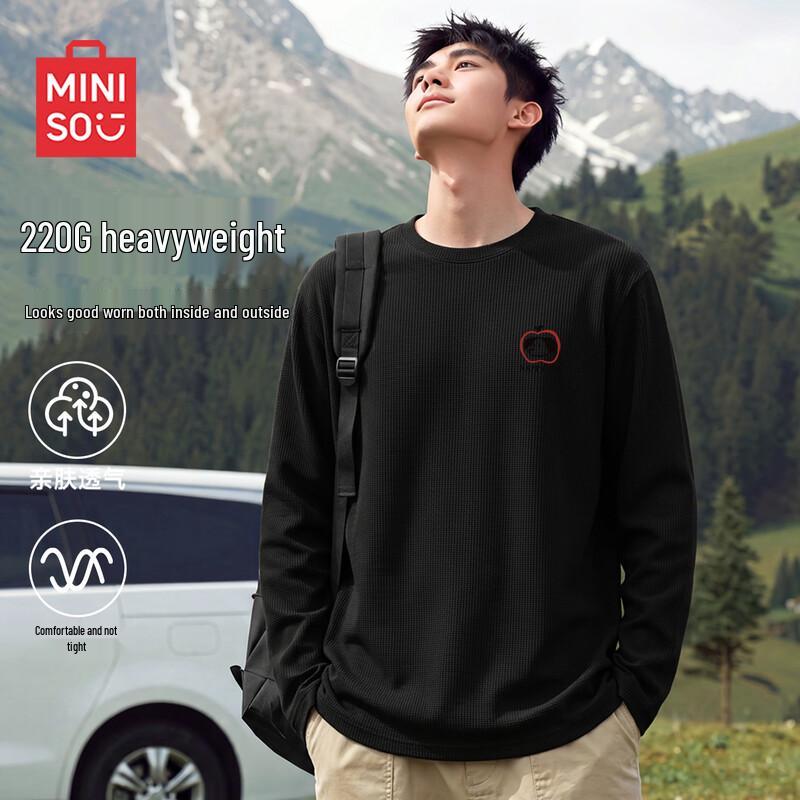MINISO Men's Relaxed Fit Waffle Knit Long Sleeve T-Shirt