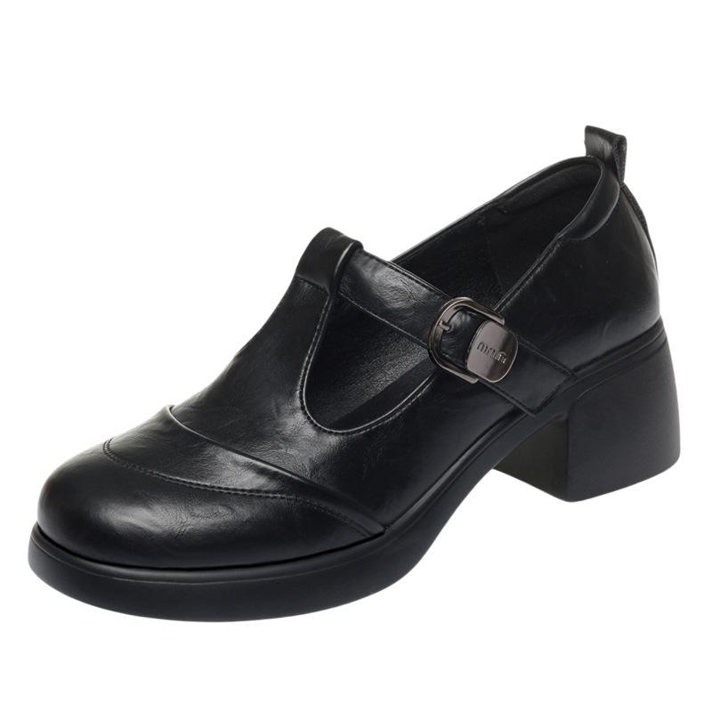Retro-Lederschuhe Damen Frühling und Herbst Mary Jane Damenschuhe High Heels Einzelne Schuhe zu Röcken Dicke Absätze Bequeme T-Schuhe