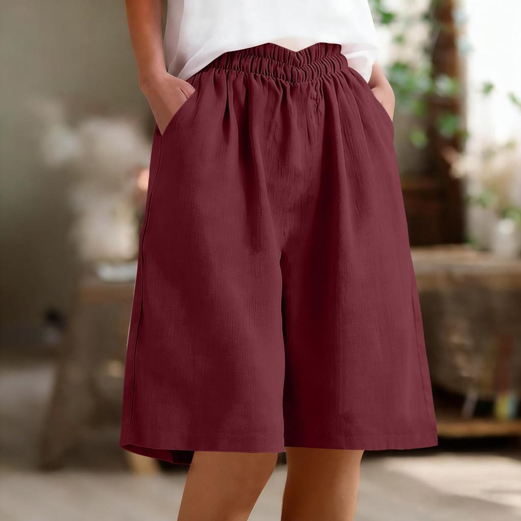 Women's Casual Cotton Linen Bermuda Shorts with Pockets Elastic Waist Loose Fit Color