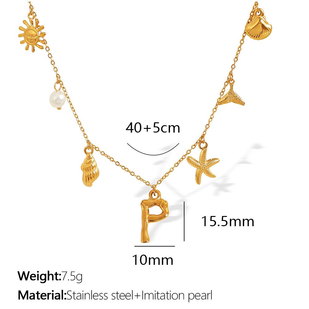 New Arrival Gold Boho Ocean Conch Starfish Shell Charm Necklace Stainless Steel A-Z Alphabet Initial Letter Beach Necklace Women