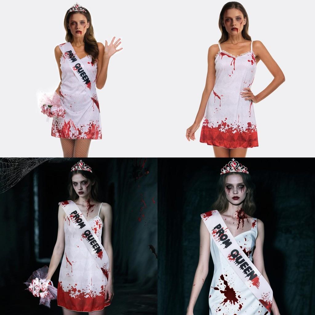Halloween Ghost Bride Costume With Shoulder Straps And Handheld Bouquet For Cosplay And Party Events