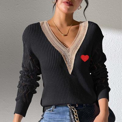 Feminino solto casual renda v pescoço manga comprida malha pulôver suéter top suéter top