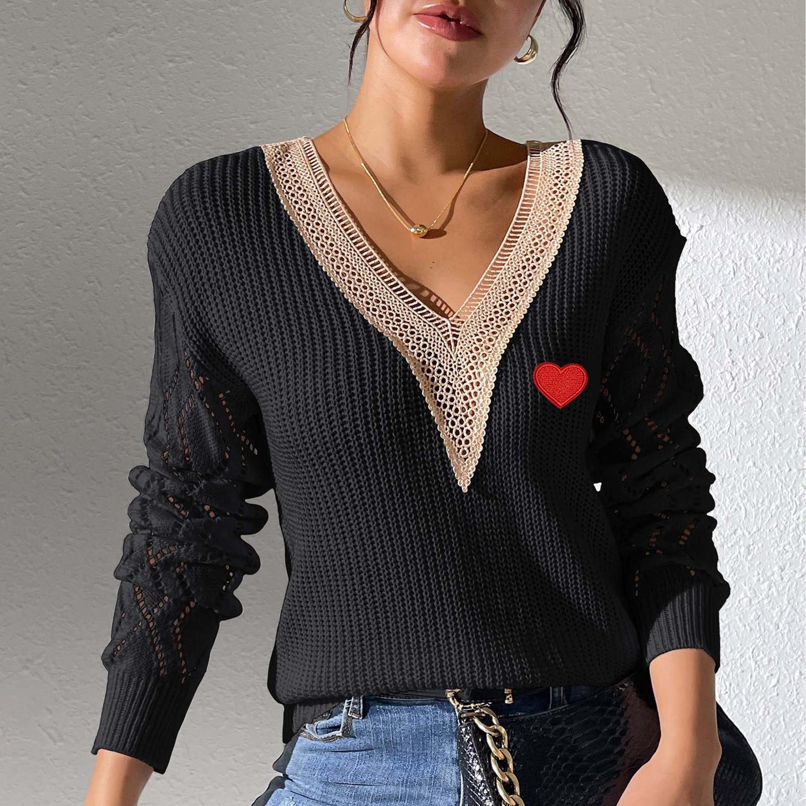 

Женский свободный повседневный кружевной V-образный вырез с длинными рукавами вязаный пуловер свитер топ свитер топ L чёрный