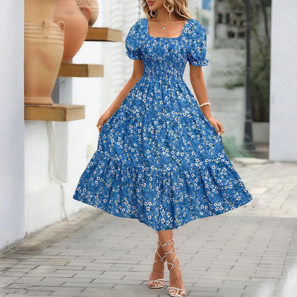 Women Square Neck Smocked Waist Layered Floral Dress with Ruffle Sleeves and Midi Length for Casual and Daily Wear