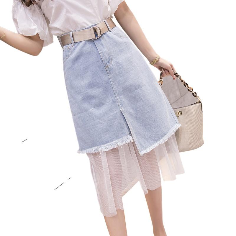 New Splicing Colored Mesh Denim Skirts Ragged Edge Irregular Denim Women's Skirts Mid Length Asymmetric Wrapped Hip Skirt