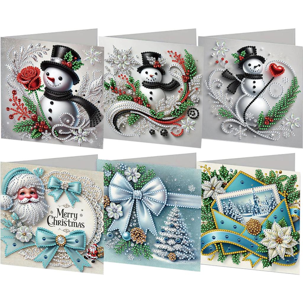 6pc/Set Diamond Painting Christmas Cards DIY Diamond Art Cards Christmas Snowman Flower Theme Greeting Card Blessings and Wishes
