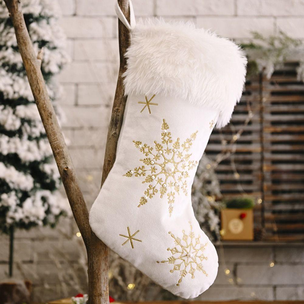 Sequined White Plush Christmas Stockings with Pearls Christmas Tree Hanging Ornament Kids