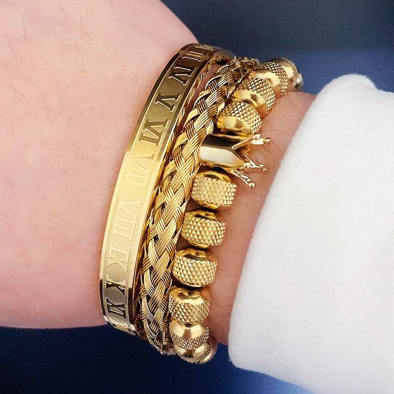 Set di Lusso Ciondoli Corona Bracciale Uomo Acciaio Inossidabile Romano Braccialetti Donna Gioielli per le Mani Regalo di San Valentino