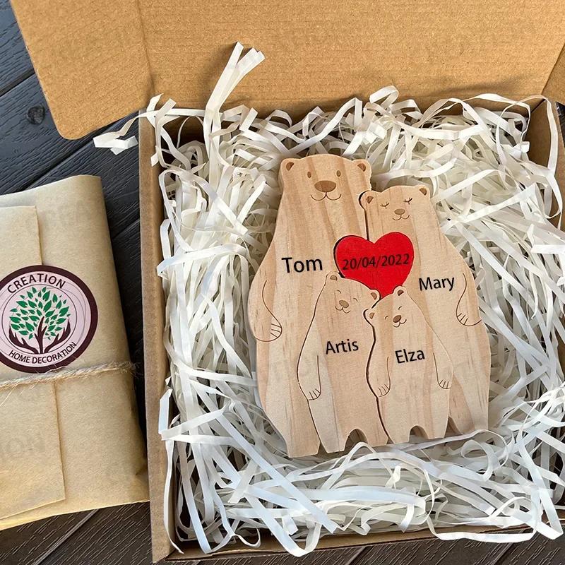 Personalized Wooden Art Bear Puzzle for Families Free Customization Name Family Anniversary Holiday Warm Gift Home Decoration