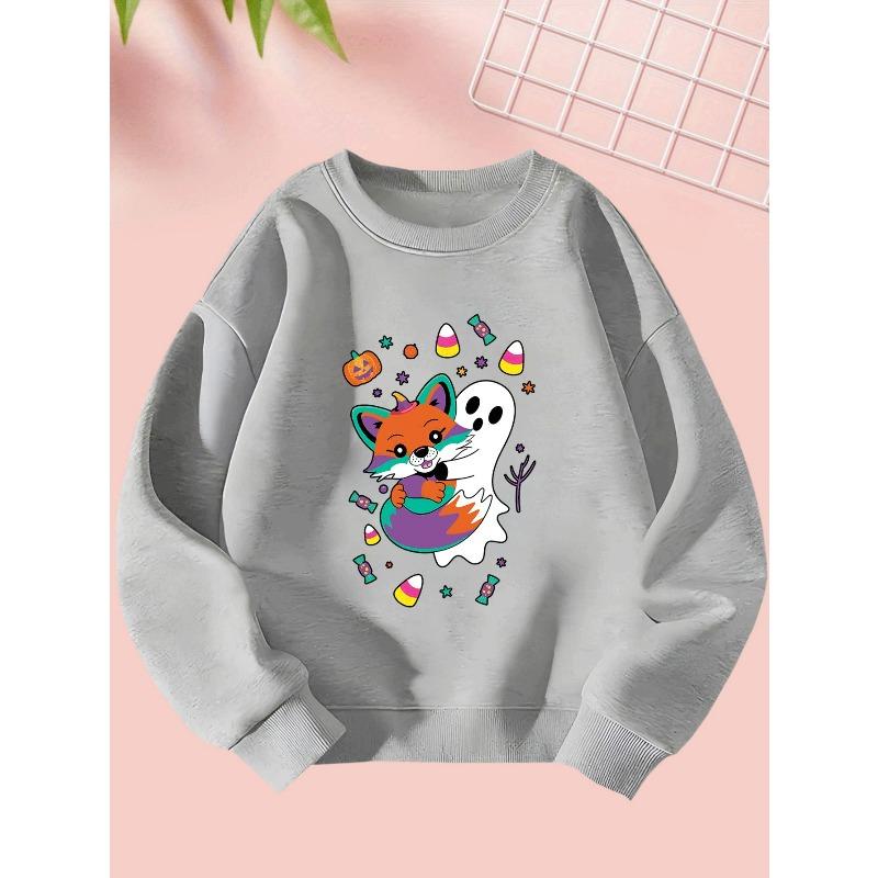 Cute Halloween Girl Creative Ghost Holding A Little Fox Print Sweatshirt - Comfortable Long-Sleeve Round Neck for Autumn and Winter