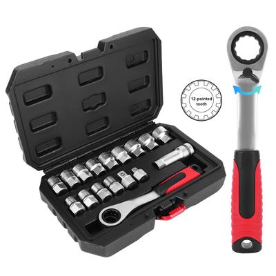 17Pcs Penetrating Ratchet Socket Wear Resist Two-Way Wrench Set Multi-Purpose Piercing Ratchet Sleeve for Home Garage Tool