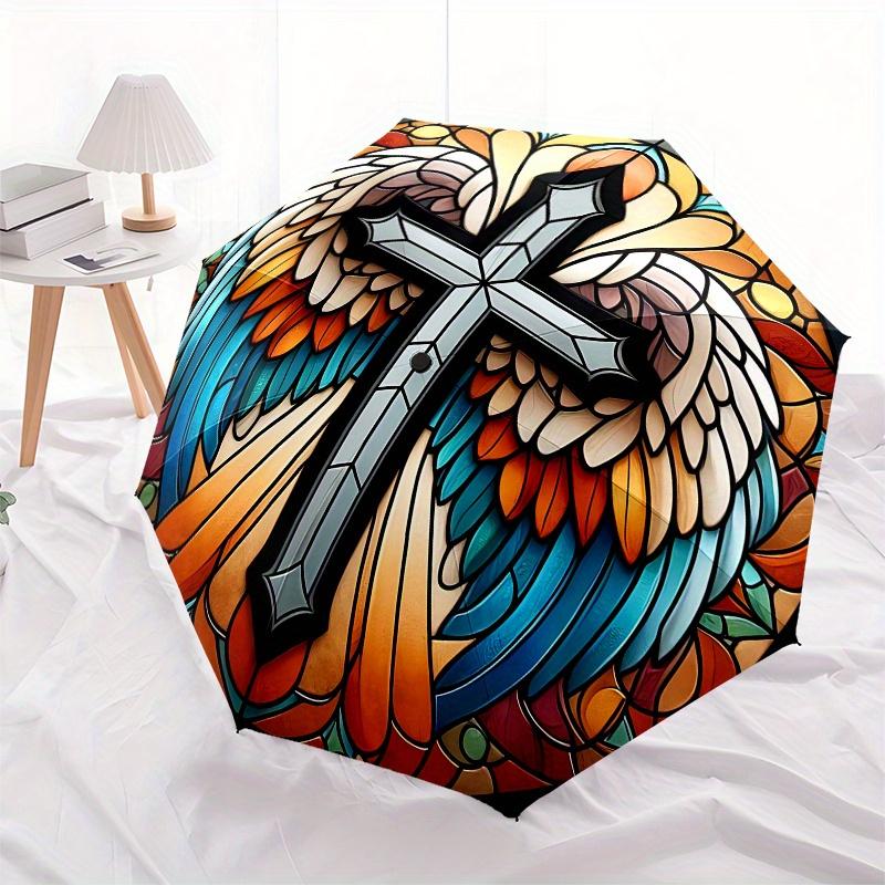 Stained Glass Angel Wings Cross Wall Art Decor Umbrella, Cute Umbrella with Cute Design, Portable 3-Fold Compact Umbrella for Men & Women, Valentine's