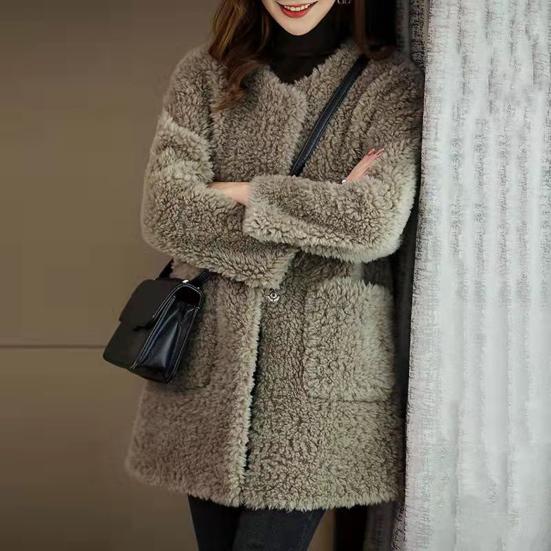 Winter Coat Round Neck Long Sleeve Single Breasted Plush Jacket with Pockets Solid Color Mid-length Imitation Fur Outerwear