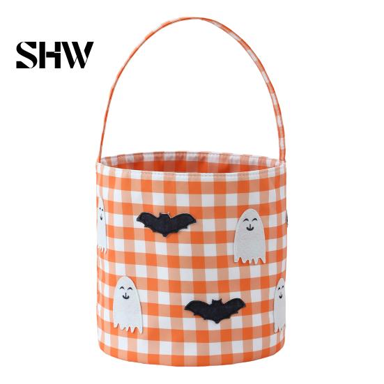 Pumpkin Party Supplies Halloween Bucket, Trick or Treat Basket for Kids Boys Girls, Plaid Containers Bat Ghost Candy Tote Bag with Handle Favors