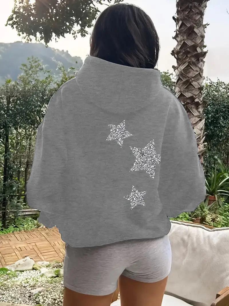 Amerikanischer Stil 2025 Kapuzenpullover mit Silbernen Sternen - Lässiger Lockerer Pullover Oberbekleidung Medium licht grau