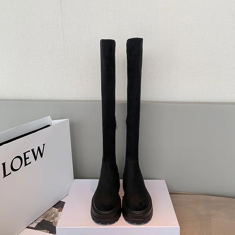 Platform Knee High Boots for Women Autumn Winter Slip On Leather Boots Woman Elastic Thick Soled Over Knee Botas