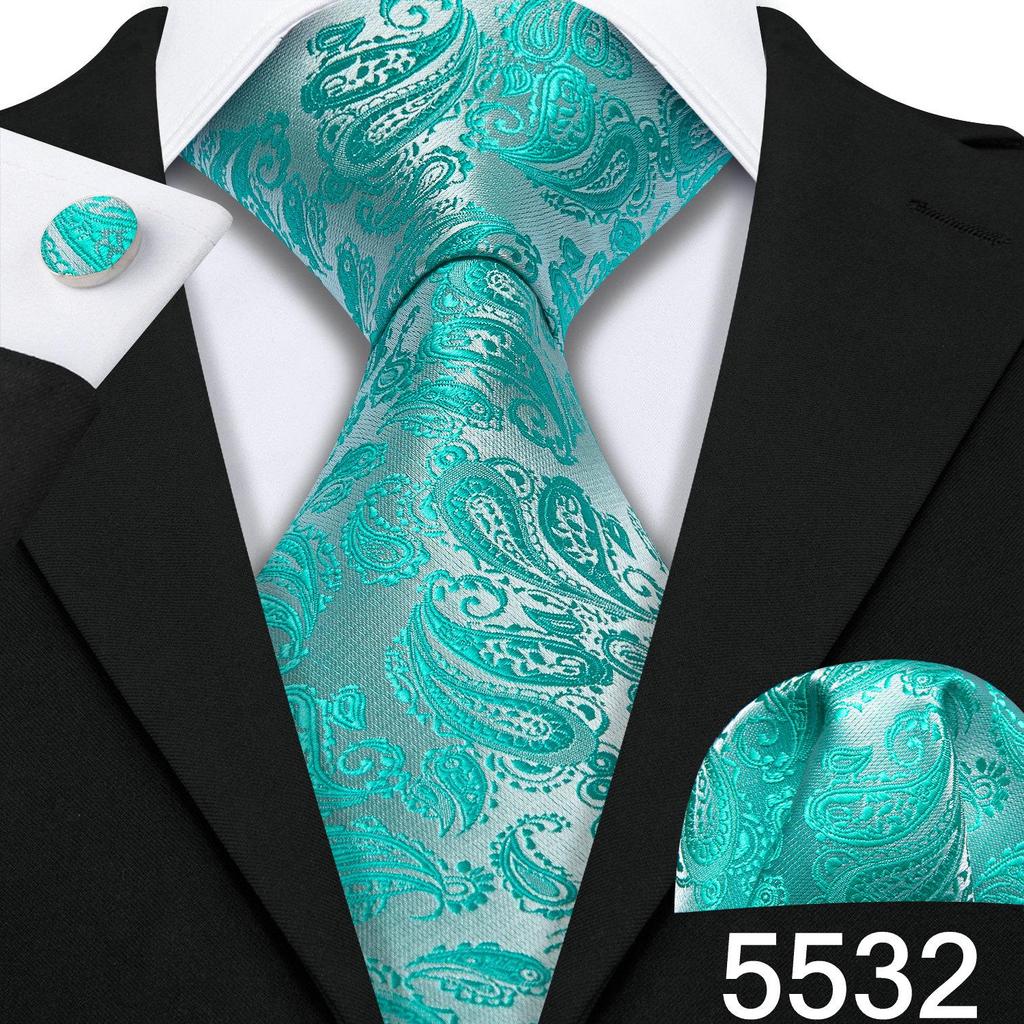 Barry.Wang Necktie Hankerchief Cufflinks Set Violet Paisley Tie Jacquard Woven Wedding