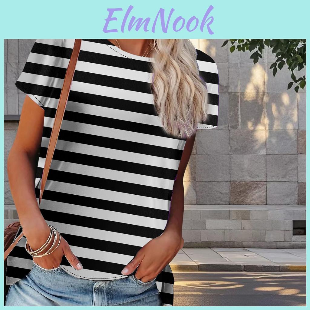 Women Summer Shirt Line T Pattern Print Retro Fashion Short Sleeve Tees Casual Printed Tops