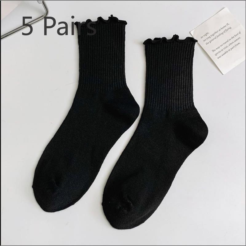 5 Pairs of Wooden Ear Edge Socks Women's Mid-calf Spring, Autumn and Summer Models of Three-colour Cotton Socks Solid-coloured Lace Stacked Socks