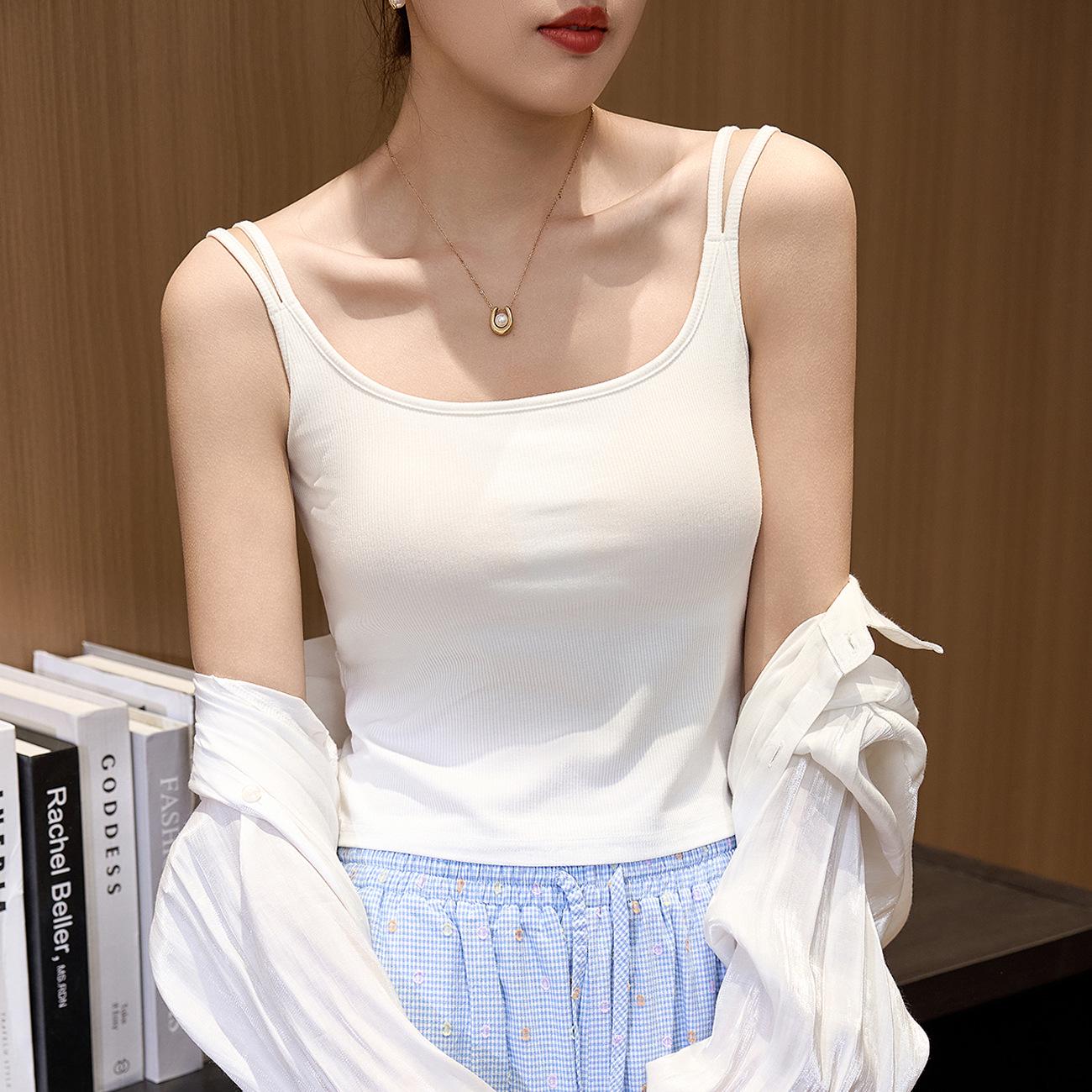 

Women s 2025 Summer U-Neck Sleeveless One-Piece Sling Tank Top with Chest Pad - High Elastic Cotton, Anti-Side Fat Design L