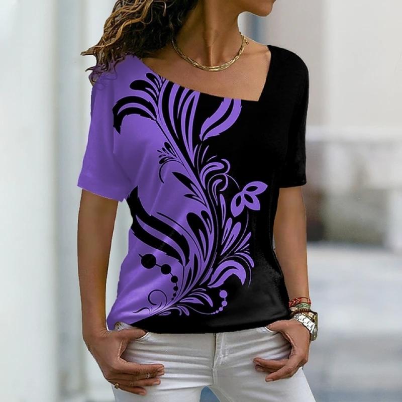 2024 Summer Women's Abstract Cool Printed Short Sleeves V Neck Female Casual Pullover Fashion Tops Elegant T Shirts New Design