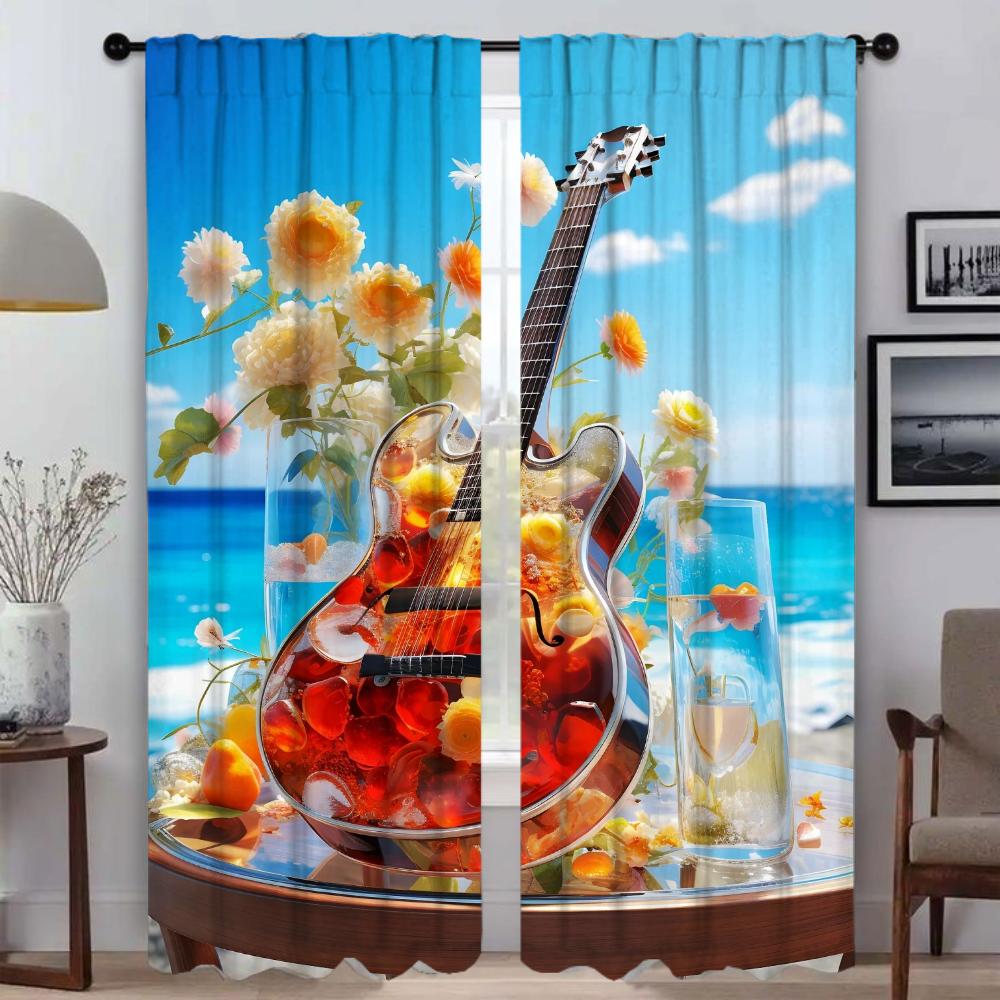 

Guitar and Flowers Window Curtain for Room 2 Panel Shades Tulle for Bedroom Partition Halloween Decoration Kitchen Curtains Home W50xH70cmx2pcs-CL
