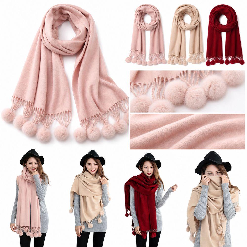 Oversized Rabbit Fur Pom Pom Scarf Solid Color Oversized Pashmina Poncho Outdoor Wear