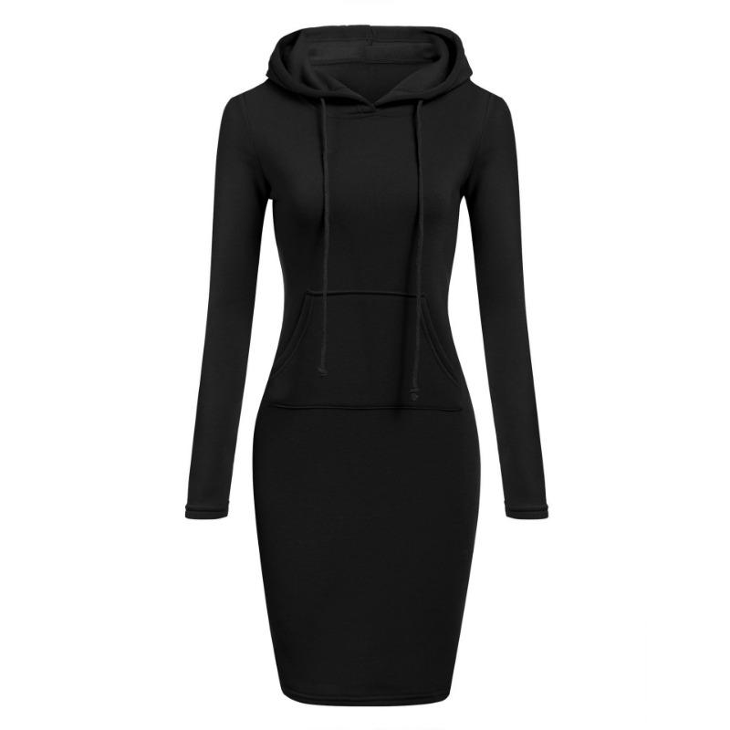 Autumn and winter new solid color hooded long-sleeved ladies dress, fashion sports street classic all-match mid-length skirt female vitality 887